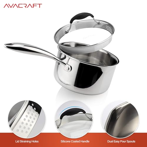 AVACRAFT Tri-Ply Stainless Steel Saucepan with Glass Strainer Lid, Two Side Spouts, Ergonomic Handle, Multipurpose Sauce Pan with Lid, Sauce Pot, Cooking Pot (Tri-Ply Full Body, 2.5 Quart) - size: 2.5 Quarts