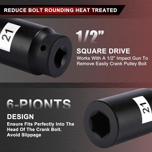 6PCS 1/2’’ Drive Weighted Crank Bolt Socket Set, 17MM, 19MM, 21MM, 22MM, 24MM, 27MM, Harmonic Balancer Socket Set - size: 17MM-27MM