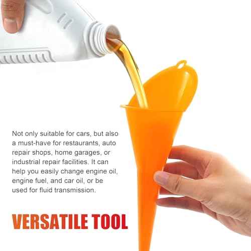 2 PCS Long Neck Oil Funnel, Multi Purpose No Spill Spill Saver Funnels with Hanging Loop Hand-Free Plastic Funnel, Portable Maintenance Tool for Automotive Oils Lubricants (Red+Orange)
