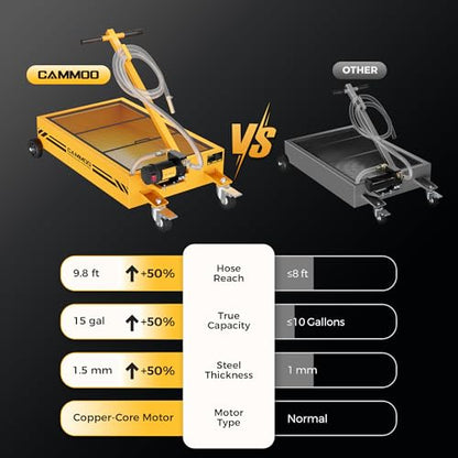 CAMMOO 15 Gal Electric Oil Drain Pan, 110V High-Flow Pump, 9.8 FT Hose, 200 W Motor, 2 Locking Swivel Casters and 2 Directional Wheels Stable, Folding Handle, Heavy-Duty for Trucks, RVs, SUVs, Yellow - color: Yellow
