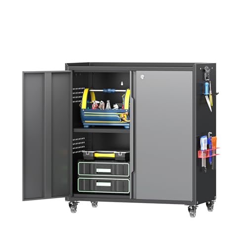Metal Garage Storage Cabinet with Wheels, Adjustable Rolling Tool Storage Cabinet with Lock, 34" Steel Locking Tool Cabinet with Doors and Shelves for Garage, Warehouse (Black&Gray, 34.3" H) - color: Black&gray, size: 34.3"H Tool Cabinet(2-Door)