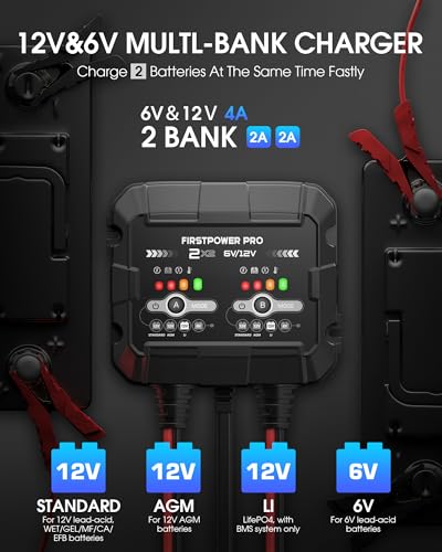 2-Bank, 4A (2A/Bank) Trickle Charger for Car Battery, 12V 6V Car Battery Charger, Automotive Battery Trickle Charger, Maintainer, for Motorcycle Lawn Mower AGM, Lithium Batteries