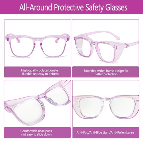 Feaglo Safety Glasses, Anti Fog Safety Goggles for Women Men, Blue Light Blocking Stylish Eye Protection Glasses Side Shield - color: Tea Leopard+black+rainbow+purple