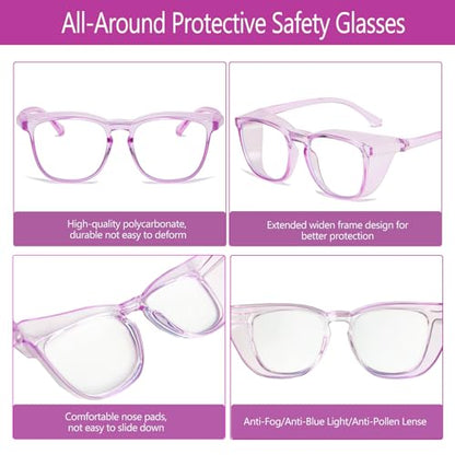 Feaglo Safety Glasses, Anti Fog Safety Goggles for Women Men, Blue Light Blocking Stylish Eye Protection Glasses Side Shield - color: Tea Leopard+black+rainbow+purple