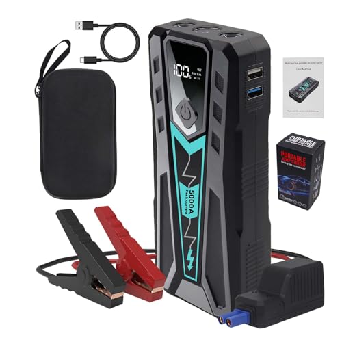 5000A Car Jump Starter for Truck SUV Boat Diesel | 12V 10L Gas/9L Diesel Battery Booster, 12000mAh Power Bank Fast Charge, 9-Layer Smart Clamps, 3-Mode LED, Portable Hard Case - color: black