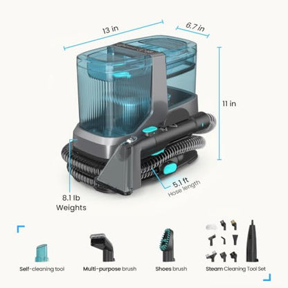 Portable Steam Carpet Cleaner Machine, 203°F High Temp & 18,000Pa Suction, 4 Cleaning Modes, Deep Stain & Odor Removal, Dual Tank Spot Cleaner for Pet Messes, Upholstery, Stairs & Car Detailing