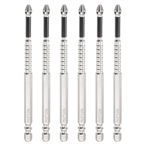 HARFINGTON 6pcs Impact Phillips Screwdriver Bit PH2 (#2) Anti Slip Tip 1/4" Hex Shank 4.72" (120mm) Long Magnetic Cross Screw Driver Industrial Power Drill Bits for Remove Fastening Screws - size: 4.72 inch