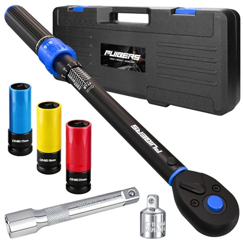 10-170FT 1/2'' Torque Wrench Socket Set, 17mm 19mm 21mm Wheel Sockets with 3/8" Drive Adapter and Extension Bar 72 Tooth, High Accuracy Laser Marking Scale for Auto Motorcycle Repair - size: 1/2" 10-170 FT.LB - 6 Pcs