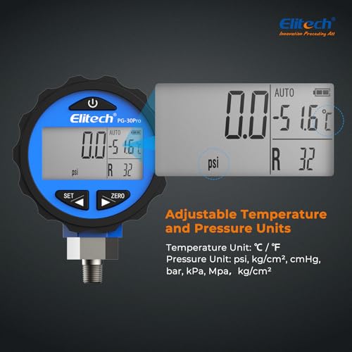 Elitech PG-30Pro Blue Refrigeration HVAC Digital Pressure Gauge -14.5-500 PSI 1/8'' NPT - size: -14.5-500 PSI, style: 1/8'' NPT