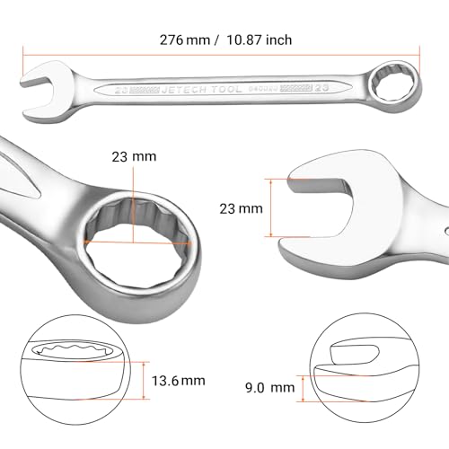 Jetech 23mm Combination Wrench - Industrial Grade, Chrome Vanadium Steel, Sand Blasted Finish, 12-Point Design, 15-Degree Offset, Forged, Heat-Treated, Metric - size: 23mm