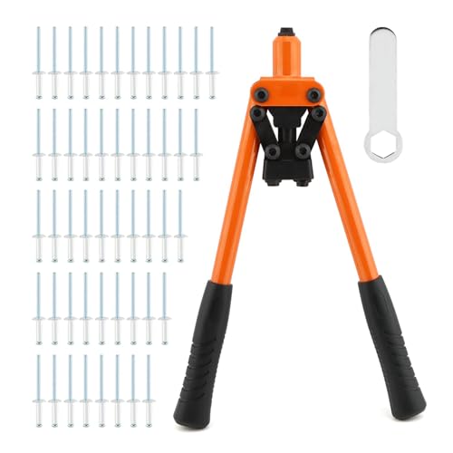 HONUTIGE Rivet Gun Kit, Professional Hand Riveter Heavy Duty Metal Rivet Gun Tool Manual Rivet Tool One-Handed Rivet Gun with 50 Rivets for DIY/Automotive Repairs/Furniture
