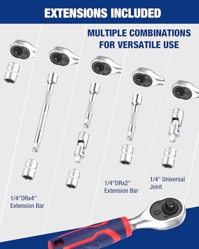WORKPRO 34 PCS 1/4" Drive Mini Socket Ratchet Wrench Set, Socket & Bit Head | Magnetic Driver, Metric Sockets 4-12mm, Extension Bars & Universal Joint, Storage Case - style: Dual-Head Ratchet Bit-Rich Set