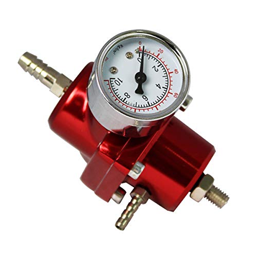 Universal Adjustable Fuel Pressure Regulator Kit with 0-140 PSI Gauge Aluminum Gas Oil Injection Pressure Regulator Red FPR - color: Red