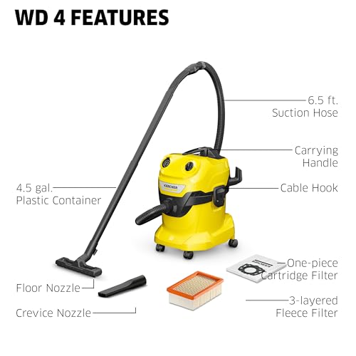 Kärcher Shop Vacuum WD 4, 5.3 Gal, 3.8 Peak HP, 33 ft Reach, Wet Dry Vacuum Cleaner, Heavy Duty, Blower Function, Crevice Tool, Floor Nozzle, Great for DIY Projects and Workshops - style: WD 4 (2025)