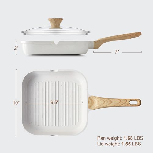 SENSARTE Nonstick Ceramic Grill Pan with Lid, Versatile Square Grilling Pan with Pour Spouts, Durable Grill Skillet for All Stoves(Gas,Electric,Induction) Non Toxic-PTFE,PFAS,PFOA Free, 9.5 Inch - color: White Ceramic, size: 9.5 Inch+Lid