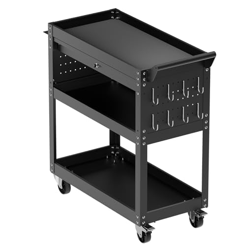 VEVOR 4-Tier Tool Cart with Wheels, 350 lbs Load Capacity, Rolling Work Cart with Drawer & Pegboard, Mechanic Tool Storage Organizer with Locking System for Garage, Warehouse and Repair Shop, Black - style: 4-Tier-350 lbs with 1 Drawer