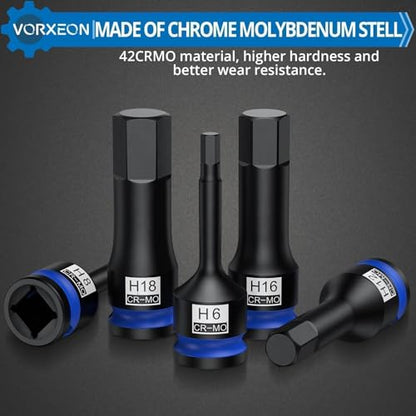 10 Pcs 1/2" Drive Metric Impact Allen Hex Bit Socket Set 42 Cr-Mo 5mm - 19mm One-piece construction with Storage case for Automotive repair - size: Hex Metric