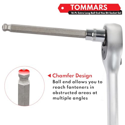 TOMMARS 16-Pc 3/8 Inch Drive Ball End Long Hex Bit Socket Set | Ball End, Extra Long Allen Socket Set, SAE & Metric 1/8-3/8 in., 3-10 mm,CR-V , S2 Steel - style: Ball End,3-10mm,1/8"-3/8"(16PCS)