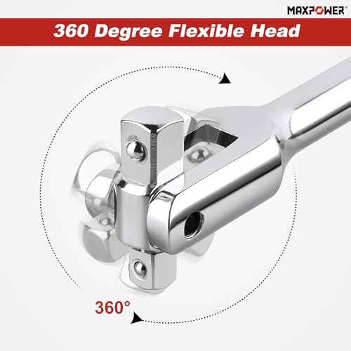 MAXPOWER Extendable Breaker Bar, Dual Head 1/2" & 3/8" Drive 360° Flex Head Cheater Bar, 5-Gear Extending Locking, Extendable Handle 13-3/8" to 18" - style: Dual drive