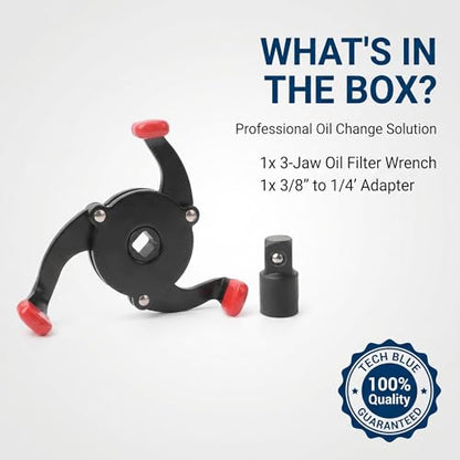 3 Jaw Oil Filter Wrench, Anti-slip One-way Adjustable Oil Filter Removal Tool, Universal 1/4" to 3/8" Drive Adapter for Car and Motorcycle Maintenance (Black)