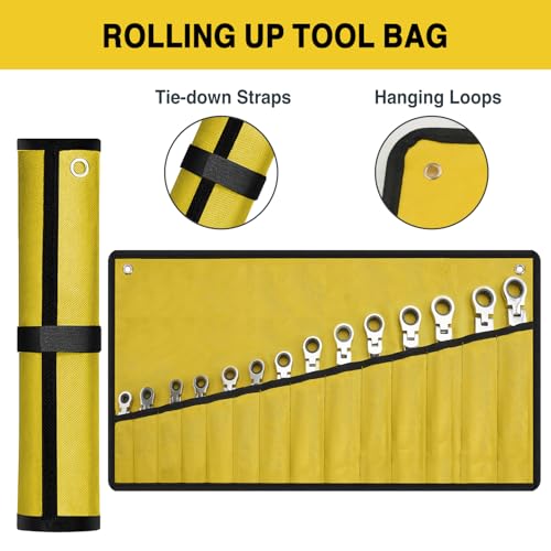 14-Piece Flex Head Ratcheting Wrench Set, Metric Combination Wrenches Set 6-19mm, 72-Tooth, CR-V Steel, Ideal for Tight Spaces, Automotive Repair - size: 14-pcs + Yellow Pouch
