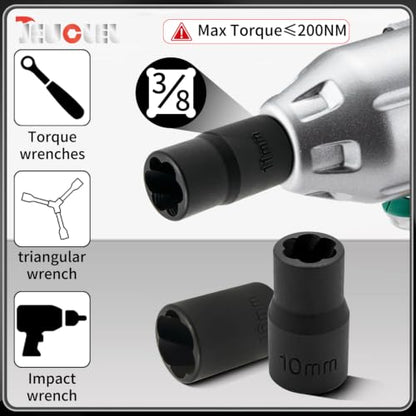 10PCS Twist Lug Nut Socket Set, 3/8" Drive Bolt Nut Extractor Tool | Metric, 10mm - 19mm Sockets, Center Punch Bar, Damaged Nut Lock Remover, Rusted, Stripped, Screws, Stuck Locking Nut Removal - color: 10 Pcs Lug Nut Extractor 3/8 Inch Drive