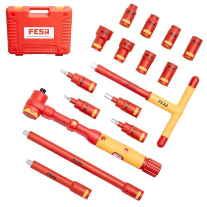 FESA 16-Piece Insulated Torque Wrench Set (3/8" Drive, 10-50 Nm Range) | with 8 Metric Sockets, 4 Hex Bit Sockets, 2 Extension Bars, T-Handle & Protective Case - style: 3/8" Drive, 10-50 Nm Wrench & Socket Set