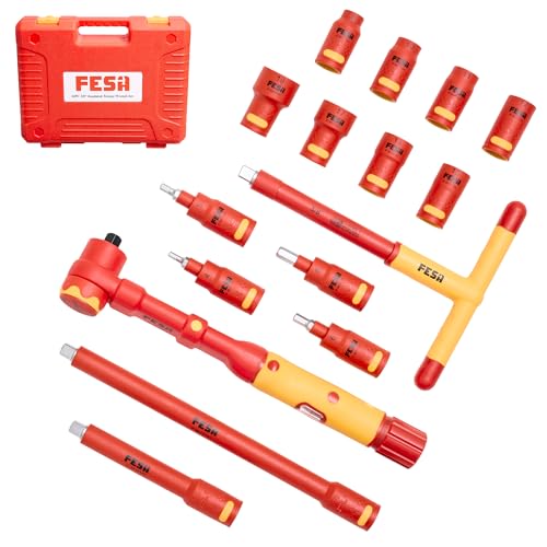 FESA 16-Piece Insulated Torque Wrench Set (3/8" Drive, 10-50 Nm Range) | with 8 Metric Sockets, 4 Hex Bit Sockets, 2 Extension Bars, T-Handle & Protective Case - style: 3/8" Drive, 10-50 Nm Wrench & Socket Set