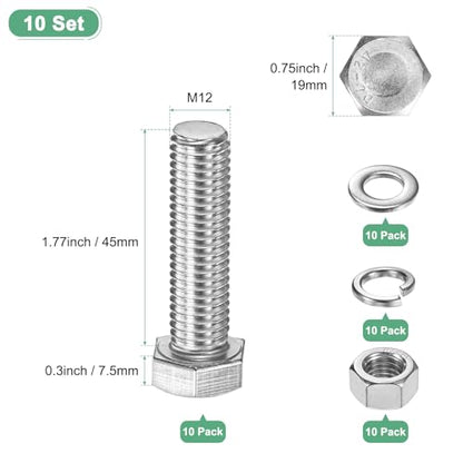 M METERXITY 10-Pack Hex Head Screw Bolt with Nuts Flat & Lock Washers M12x45mm Stainless Steel Bolts and Nuts Kit Fully Threaded Metric Bolt Assortment for Equipment/Machinery - size: M12x45mm