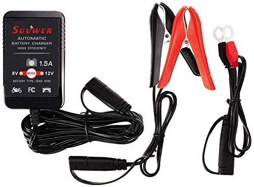 Suuwer 1.5A 8V/12V Fully-Automatic Smart Battery Charger - Trickle Charger & Maintainer for Golf Cart, Motorcycle, Car, Lawn Mower