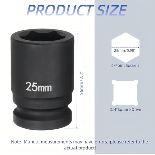 3/4"Drive x 25mm Metric, 6-Point Deep Impact Socket, Axle Nut Impact Socket | 40CR Alloy Steel,Clear labeling, Common Tools for Car Repair/Mechanical Work/Construction/Carpentry and Home Maintenance - size: 25mm