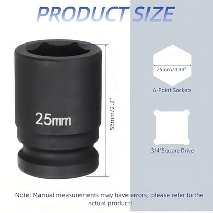 3/4"Drive x 25mm Metric, 6-Point Deep Impact Socket, Axle Nut Impact Socket | 40CR Alloy Steel,Clear labeling, Common Tools for Car Repair/Mechanical Work/Construction/Carpentry and Home Maintenance - size: 25mm