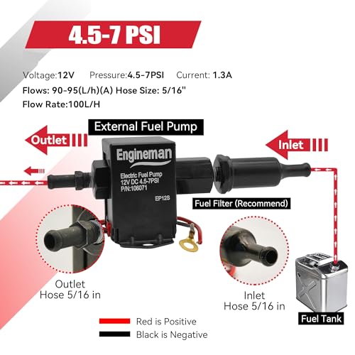 Universal Electric Fuel Pump Kit 12V 4.5-7psi Electric Fuel Pump with Mounting Bracket, Fuel Filters, Hose Clamps, 6.56 FT 5/16" ID Fuel Line - size: EP12S 4.5-7 PSI + 6.56ft Hose