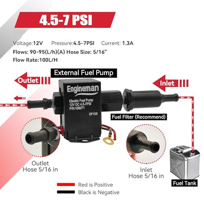 Universal Electric Fuel Pump Kit 12V 4.5-7psi Electric Fuel Pump with Mounting Bracket, Fuel Filters, Hose Clamps, 6.56 FT 5/16" ID Fuel Line - size: EP12S 4.5-7 PSI + 6.56ft Hose