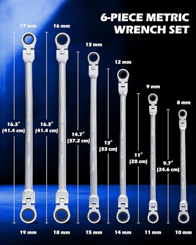 OMT 6Pc Metric Extra Long Flex-Head Ratcheting Wrench Set, 8-19mm Range | Durable 40CrV Steel Build; 72-Tooth Gearing; 180° Rotating Flex-Head; 12-Point Design; High-Torque Performance For Mechanics