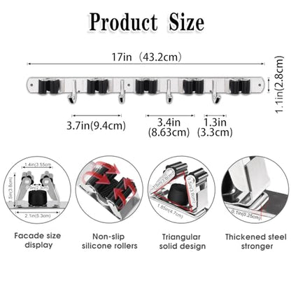 2 Pack Broom Holder Wall Mount, 5 Racks 4 Hooks Mop and Broom Organizer | Mop Holder Wall Mount and Broom Hanger for Garage, Laundry Room, Kitchen and Utility Storage - color: 5 Racks & 4 Hooks (Silver) - 2 Pack