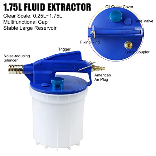 JIFETOR Pneumatic Vacuum Brake Bleeder Kit Clutch Oil Bleeding Tool Set | 1.75L Waste Brake Fluid Extractor, 0.9L New Oil Refilling Bottle, 2 Silicon Hoses and Universal Rubber Adapter
