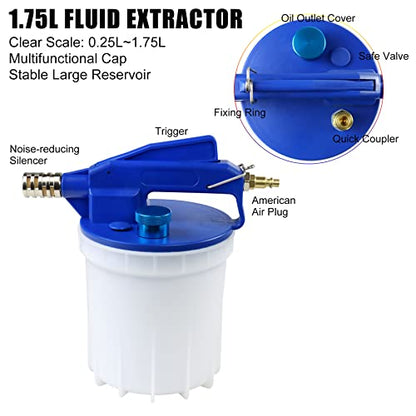 JIFETOR Pneumatic Vacuum Brake Bleeder Kit Clutch Oil Bleeding Tool Set | 1.75L Waste Brake Fluid Extractor, 0.9L New Oil Refilling Bottle, 2 Silicon Hoses and Universal Rubber Adapter