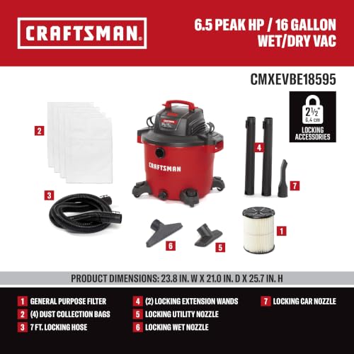 CRAFTSMAN CMXEVBE18595 16 Gallon 6.5 Peak HP Wet Dry Shop Vacuum - size: 16 Gallon 6.5 Peak HP w/4 Dust Bags
