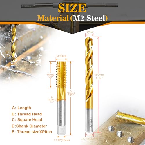 5/8"-18 UNF Tap and 37/64" Drill Bit Kit for Metal,M2 HSS Drill and Tap Set | Combination of Drill and Tap Kit for Metal - size: 5/8"-18 UNF Tap - 37/64" Drill