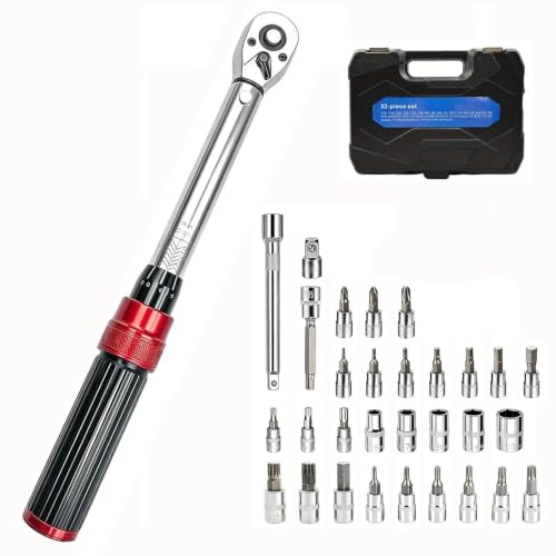 1/4" Drive Click Torque Wrench Set, 2-24 N.m, 32Pcs Bicycle Torque Wrench Kit with Extension Bar, Adapters & Bits, for Bike, Motorcycle or General Household Repair with Portable Case