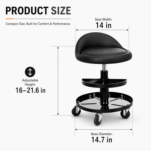 Sintuff Rolling Mechanic Stool, 16-21.6 in Adjustable Height Garage Stool with 2 Tier Tool Tray, 300 Lbs Capacity Padded Shop Seat with 360° Wheels, Black PU Leather Chair for Auto Repair and Workshop
