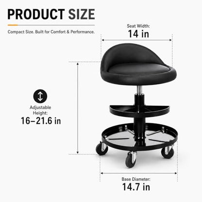 Sintuff Rolling Mechanic Stool, 16-21.6 in Adjustable Height Garage Stool with 2 Tier Tool Tray, 300 Lbs Capacity Padded Shop Seat with 360° Wheels, Black PU Leather Chair for Auto Repair and Workshop
