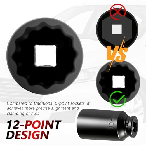 30mm Socket 1/2" Drive,Anti-Slip 12-Point Deep Impact Socket for Hub & Axle Nut Quick Removal by Impact Wrench,Universal Professional Axle Nut Sockets as Automotive Tools