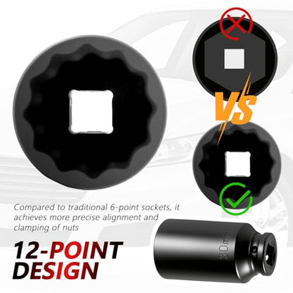 30mm Socket 1/2" Drive,Anti-Slip 12-Point Deep Impact Socket for Hub & Axle Nut Quick Removal by Impact Wrench,Universal Professional Axle Nut Sockets as Automotive Tools