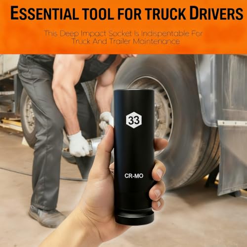 1 Inch Driver 33mm Extra Deep Impact Socket, 7.9 inch Length Deep Axle Nut Socket,6 Point Cr-Mo Deep Truck Wheel Nut Socket,Radius Corner Design, Chamfered Opening - size: 33