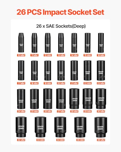 VEVOR Impact Socket Set, 1/2" Drive, 26-Piece Impact Sockets, 6-Point Sockets, Metric 10-30 mm, 32-36 mm, Easy to Identify, with a Sturdy Storage Case, Cr-V Alloy Steel Structure, for Vehicles Repair