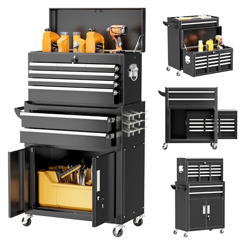 Superday 8 Drawer Rolling Tool Chest with Lock, Detachable Tool Cart（Black） | Rolling Tool Storage Cabinet with Lock for Garage, Assembled Steel Tool Cart with Liner & Hooks for Workshop, Warehouse - color: Black, size: 8 Drawer