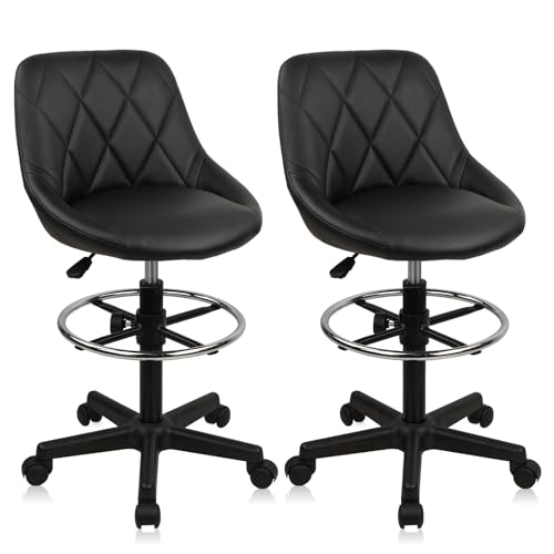 KLASIKA Drafting Chair with Back, Leather Rolling Swivel Stool with Adjustable Height and Footrest, Ergonomic Tall Standing Desk Office Chairs with Wheels for Home Work Shop Kitchen Bar, 2PK - color: Black Big Back, size: 2PK