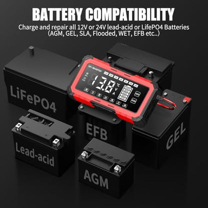 SWTsweter 16A Smart Car Battery Charger,12V/24V Maintainer & Desulfator with 200s Booster Mode - Compatible with 12.6V Lithium-Ion, LiFePO4, AGM, Gel, Lead-Acid for Truck, Motorcycle, RV, Lawn Mower